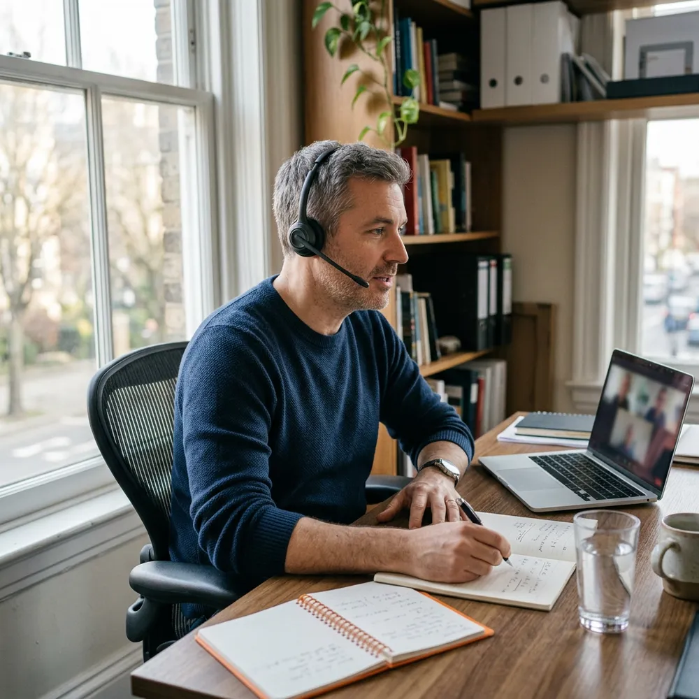 A technical recruiter wearing a headset on an intake call at a desk by a window, taking notes on a notepad beside a laptop and an orange notebook