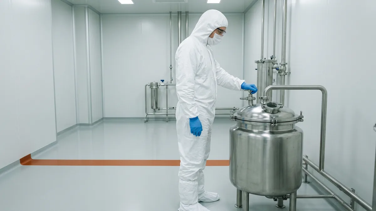 Operator in a full cleanroom gown and blue gloves working at a stainless steel vessel in a GMP manufacturing suite