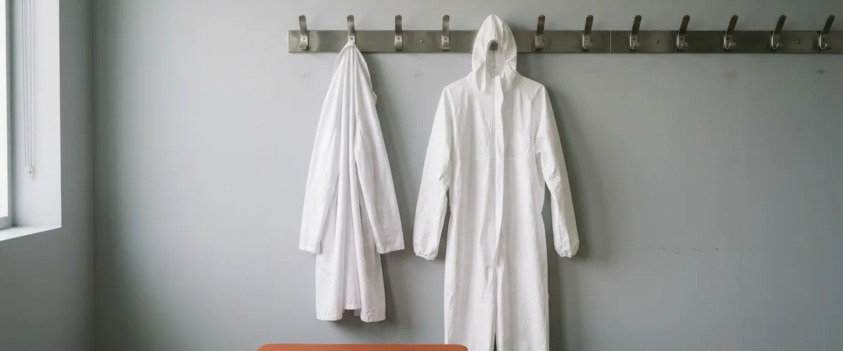 White lab coat and hooded cleanroom coverall hanging side by side on steel hooks in a changing room