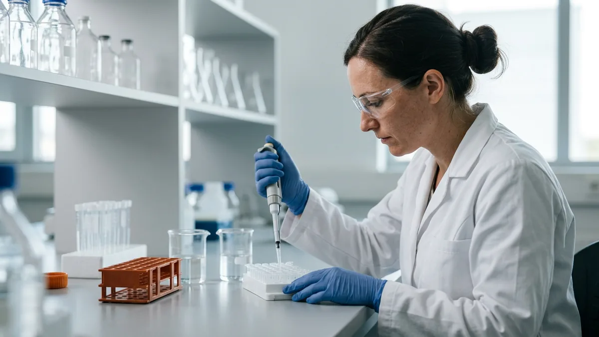 Research scientist in safety glasses and blue gloves pipetting into a tube rack at a laboratory bench