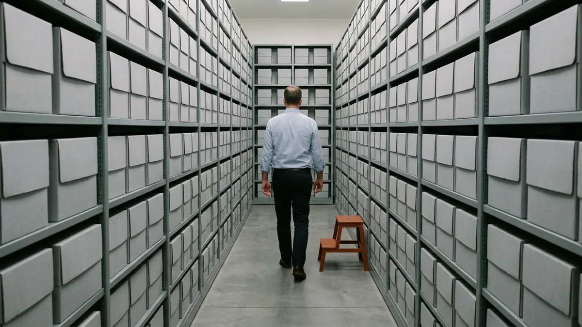 Man walking between tall steel shelves of grey archive boxes in a laboratory study records archive