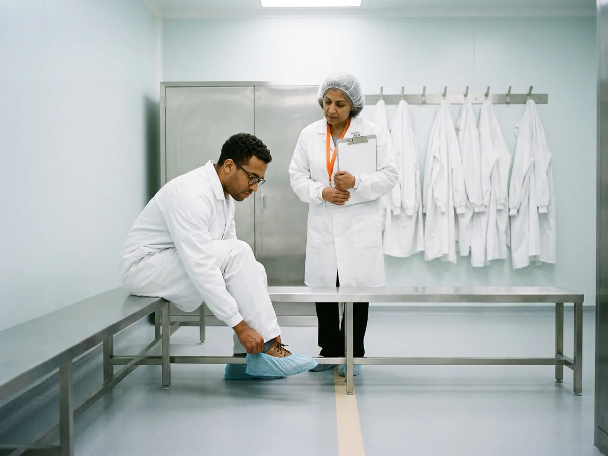 New contract analyst in a white lab coat sits on a stainless steel bench in a pharmaceutical change room and pulls a blue shoe cover over one shoe while a training lead with a hair cover and an orange lanyard watches, a strip of tape on the floor running under the bench