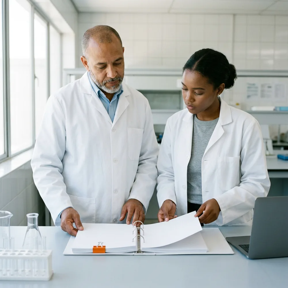 Quality training lead with a grey beard and a new contract QC analyst in white lab coats read an open blank binder together at a pale laboratory bench with an orange binder clip on the pages