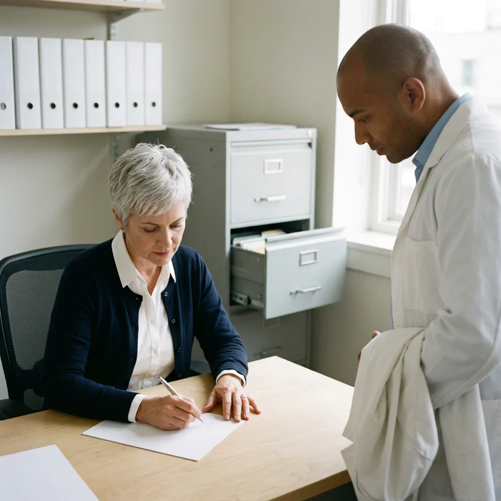 Quality assurance manager with short silver hair signs a blank form at a wooden desk while a new contract analyst in a white lab coat stands holding a folded garment beside an open filing cabinet