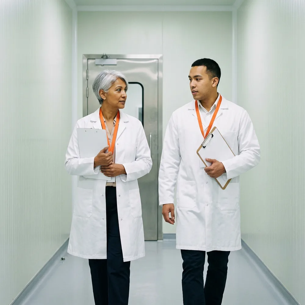Hiring quality assurance manager with short silver hair and a new contract GMP QA associate in white lab coats walk along a pharmaceutical production corridor, each holding a clipboard and wearing an orange lanyard
