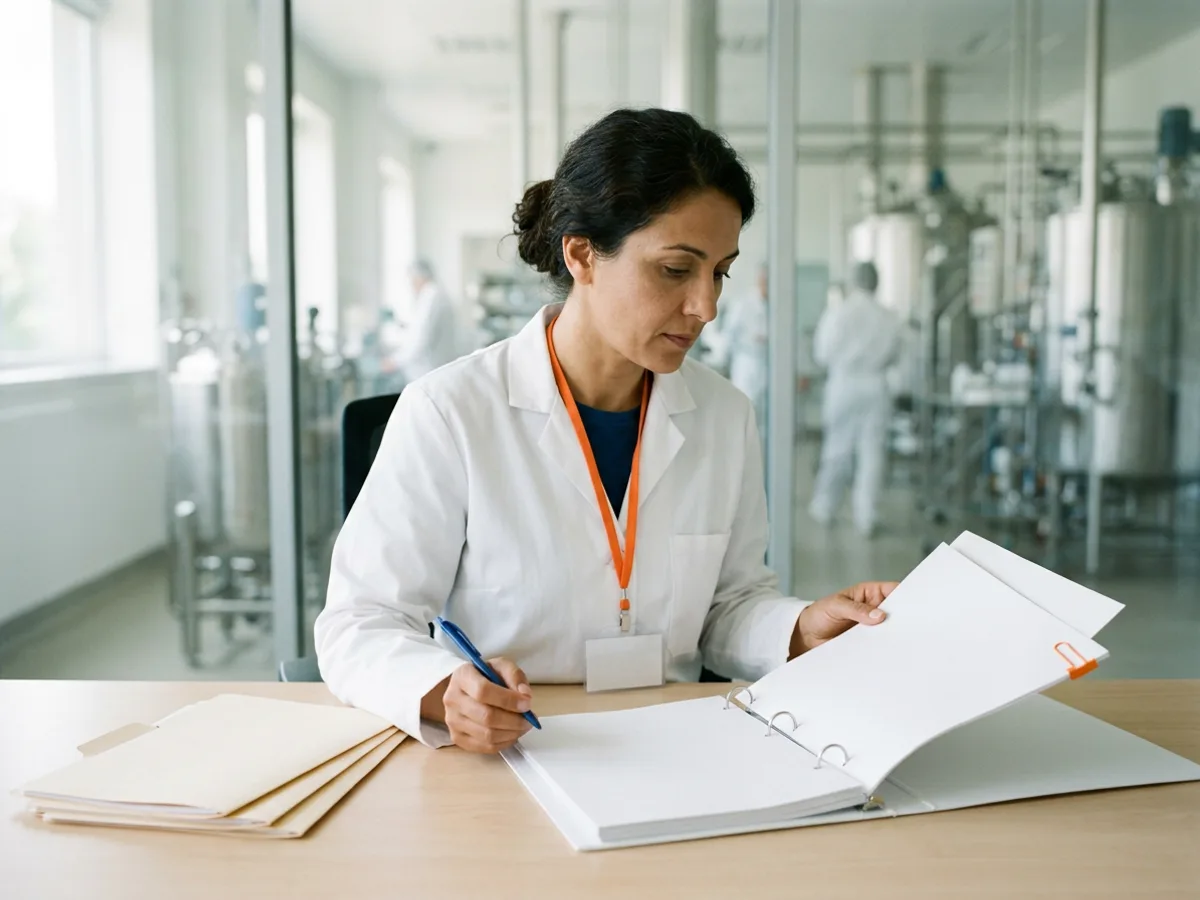 GMP quality assurance specialist in a white lab coat and orange lanyard reads an open batch record binder of blank pages at a desk, a glass wall behind her showing a pharmaceutical production floor with stainless steel tanks