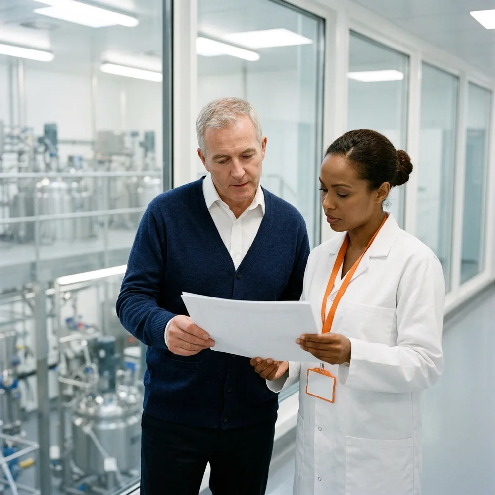 Quality director in a navy cardigan and a contract GMP quality assurance specialist in a white lab coat and orange lanyard read a printed report together in a glass-walled corridor beside a pharmaceutical production floor
