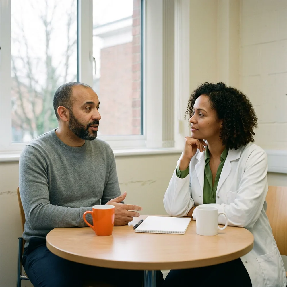Scientific recruiter in a grey sweater and a quality assurance candidate in a white lab coat talk across a small round table in a break room, with a blank notepad, an orange mug and a white mug between them