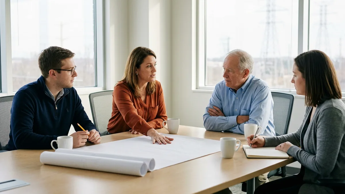 Four utility engineers around a conference table with blank drawings and coffee mugs, transmission towers visible through the office windows