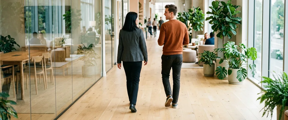 Two colleagues walking down a bright office corridor lined with glass meeting rooms and plants, a man in an orange sweater talking to a woman in a charcoal blazer