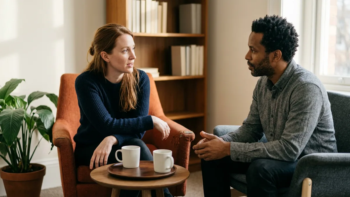 Product manager in a navy sweater seated in an orange armchair talking with her manager in a gray shirt across a small table with two mugs