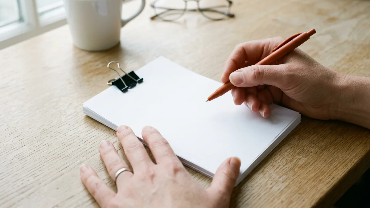 Hands holding an orange pen over a binder-clipped stack of blank pages on an oak table, a coffee mug and reading glasses in the background