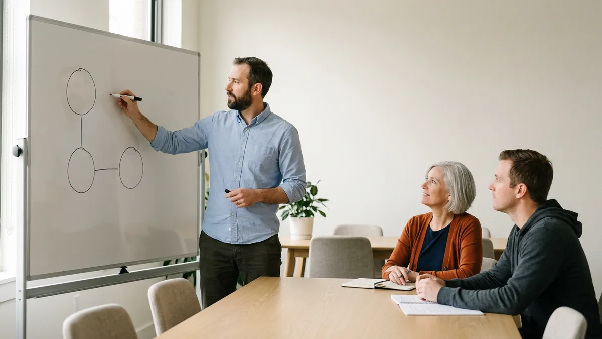 Group product manager candidate in a blue shirt drawing three connected circles on a whiteboard while two interviewers at an oak table watch