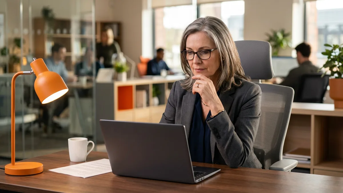 Hiring manager at a desk reviewing a draft group product manager job description on a laptop