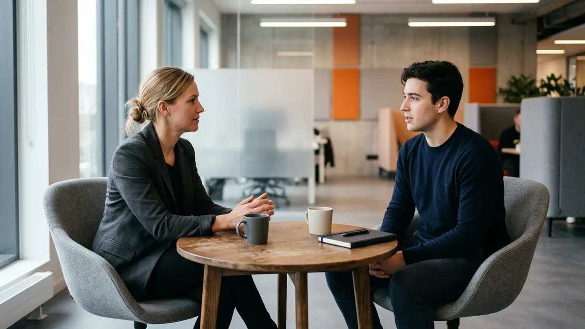 Group product manager in a one-on-one coaching conversation with a product manager across a small round table