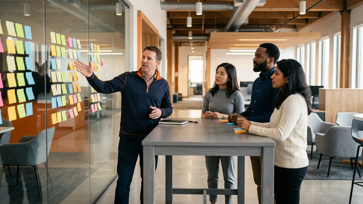Group product manager pointing to planning notes on a glass wall while three product managers listen