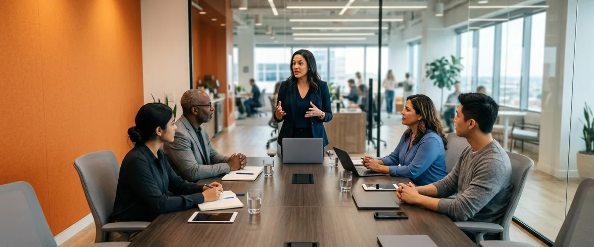 Group product manager standing at the head of a conference table briefing four seated product managers