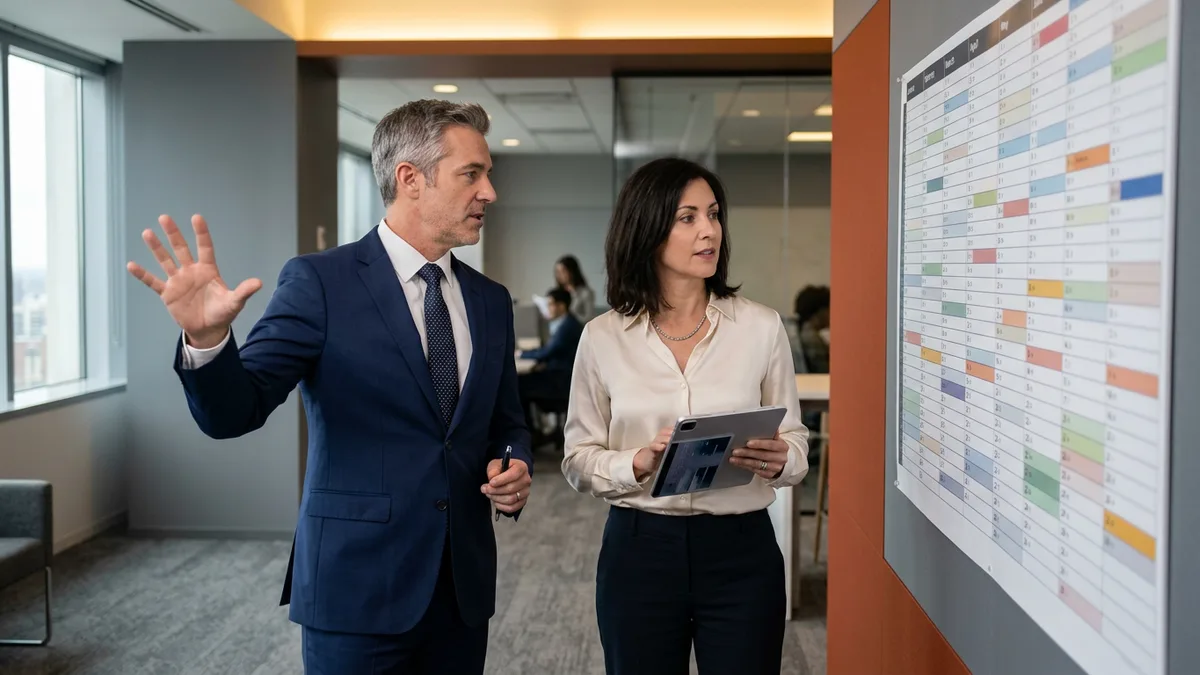 Two hiring leaders standing at a large wall planning calendar discussing hiring timelines in a modern office