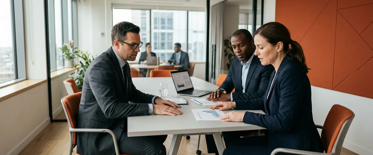 Three business leaders reviewing printed immigration paperwork and a laptop at a conference table in a glass-walled office