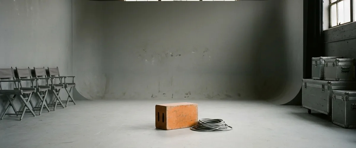 Empty photo studio stage with a single orange apple box and coiled cable on a gray floor between gray director chairs and road cases
