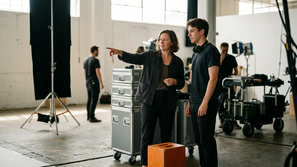 Producer in a dark jacket pointing across a bright shoot stage while a production coordinator with headphones around his neck listens beside gray road cases and an orange apple box
