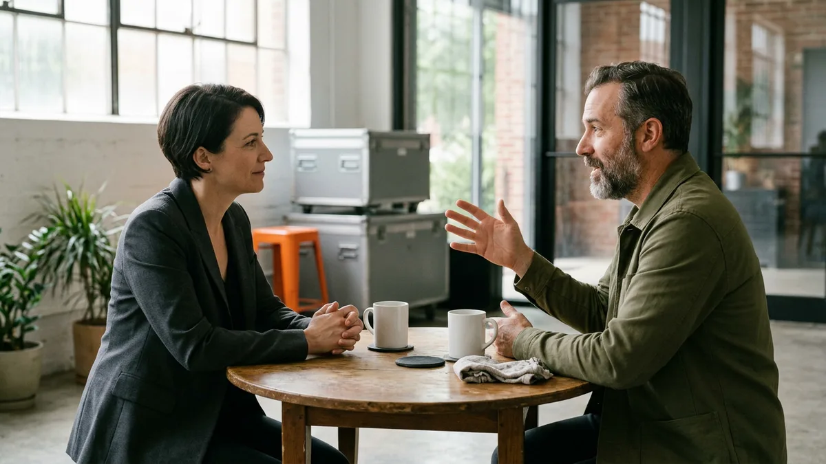 Producer in a charcoal blazer listening to a contract producer in an olive jacket gesturing across a small wooden table with white mugs in a bright studio lobby