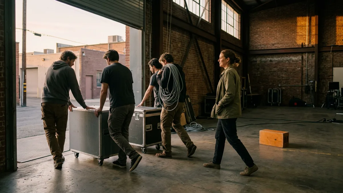Crew rolling gray road cases and coiled cable out of a brick studio loading door at wrap while a producer in an olive jacket walks beside them