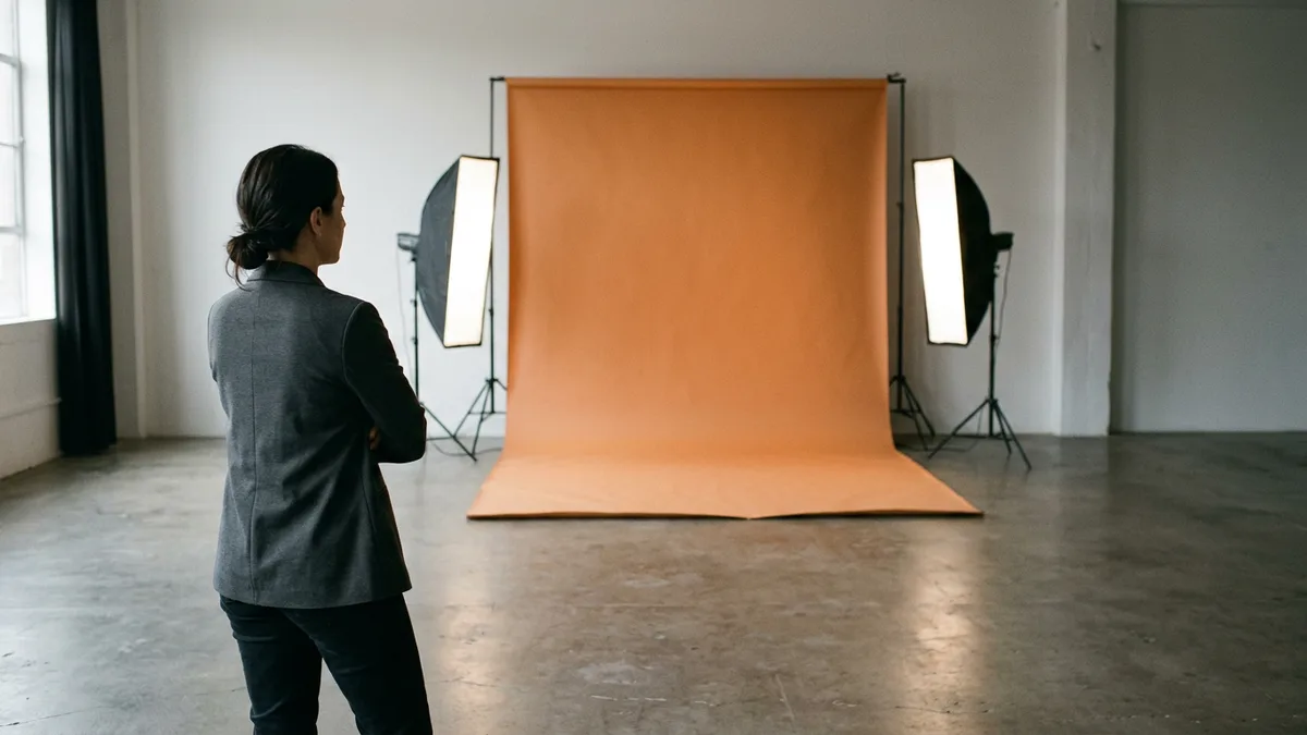 Woman seen from behind with arms folded facing an empty photo studio set with an orange seamless backdrop and two softbox lights, representing a head of production