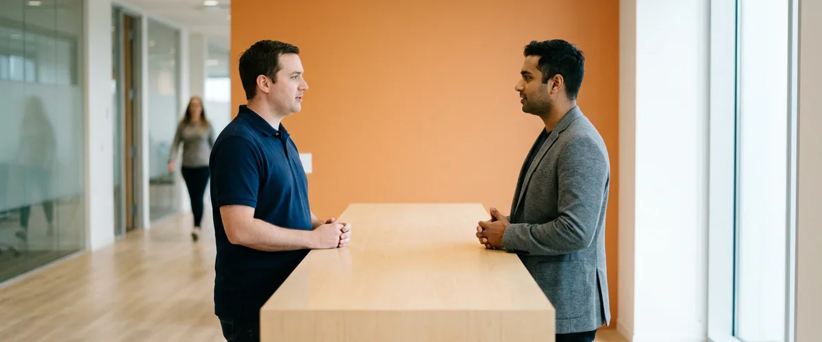 Contract help desk technician in a navy polo talking with an employee across a walk-up IT support counter in front of an orange wall
