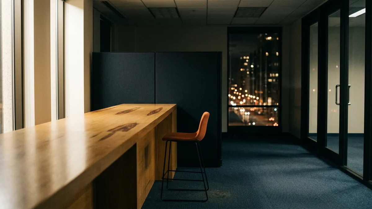 Empty IT support counter after dark with a single orange stool and city lights through the window, representing after-hours help desk coverage