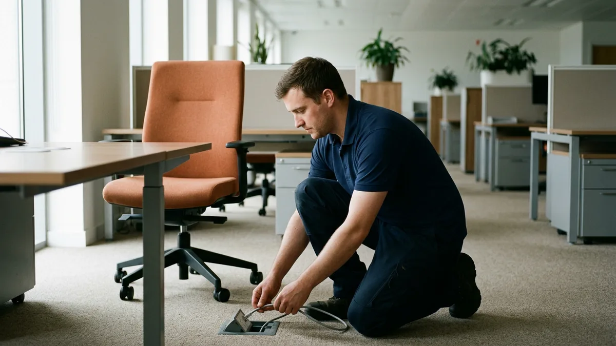 Desktop support contractor kneeling beside an office desk to plug a network cable into a floor outlet next to an orange chair