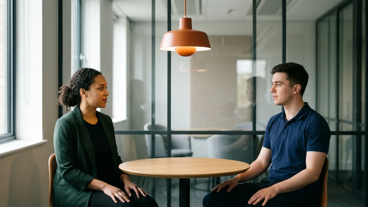 IT manager in a green jacket talking with a help desk technician at a small round table under an orange pendant lamp while scoping a contract seat