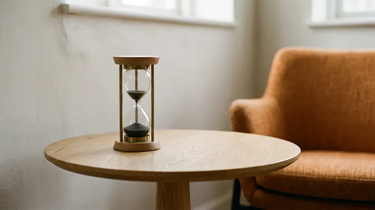 Brass and glass sand timer on a round oak table with most of the sand run through to the lower bulb