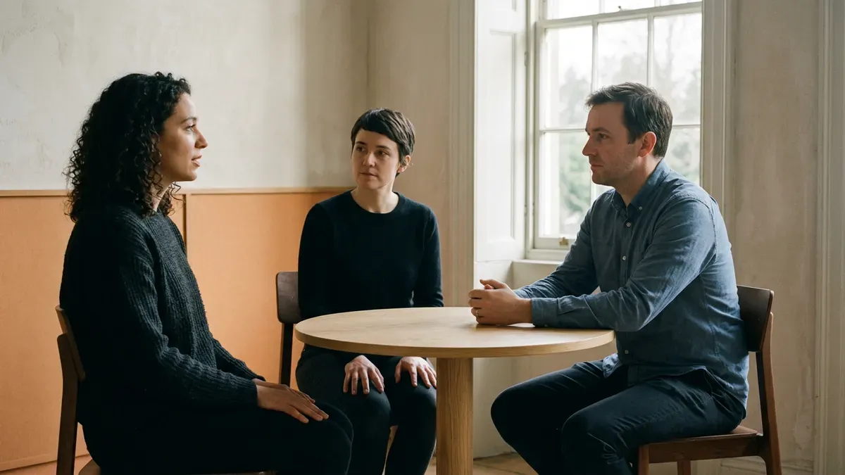 Three colleagues seated around a small round table discussing a contractor request