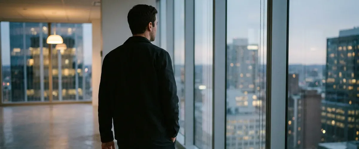 Man in a dark jacket seen from behind, looking out over the city from a quiet office window at dusk