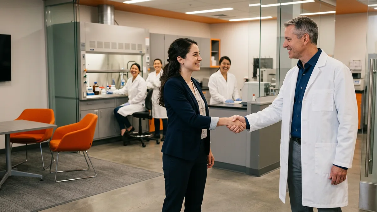Hiring manager in a lab coat shaking hands with a smiling job candidate as QC analysts look on in the lab