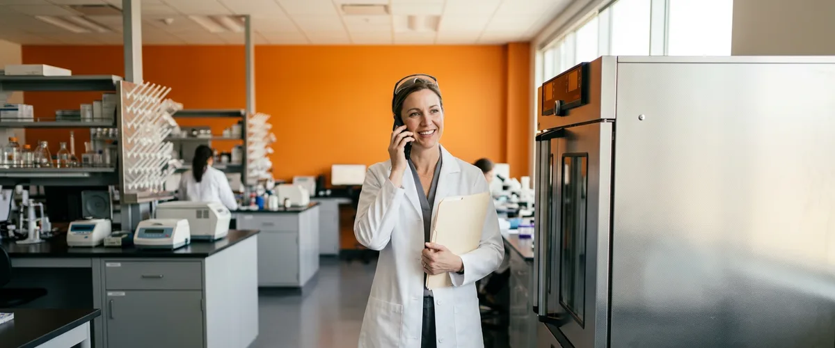 QC lab manager in a white lab coat smiling during a phone call next to a stainless steel stability chamber