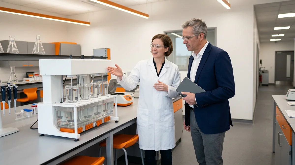 QC lab manager explaining a dissolution testing apparatus to a scientific recruiter in a navy blazer during a lab visit