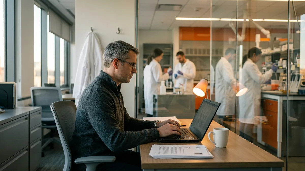 Lab director typing candidate interview feedback on a laptop in an office beside a glass-walled pharmaceutical lab