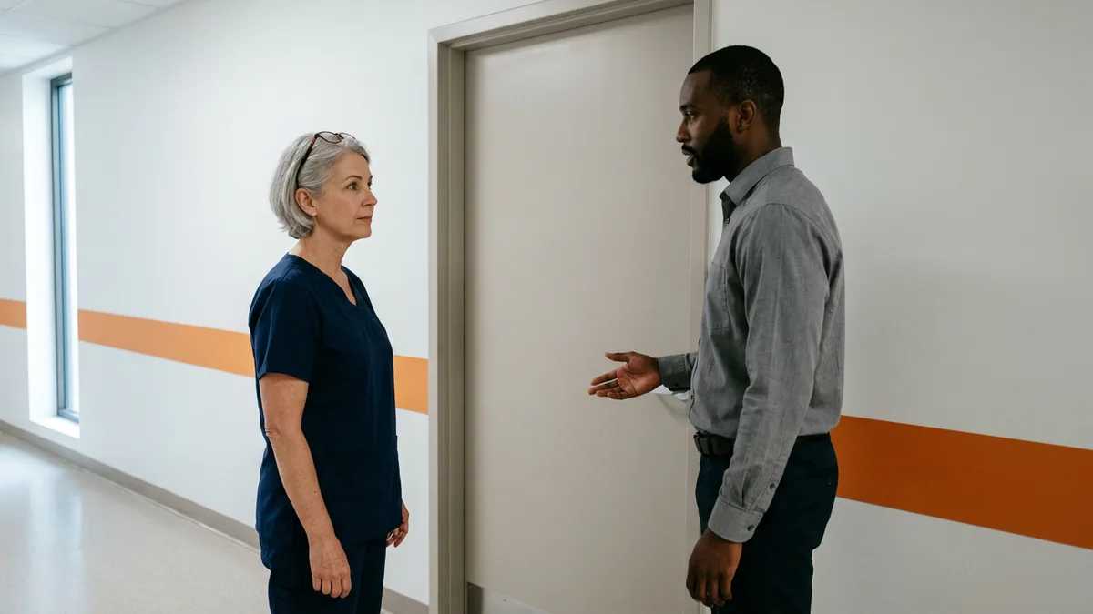 Clinical engineer in navy scrubs talking with a network engineer in a hospital corridor about segmenting clinical devices