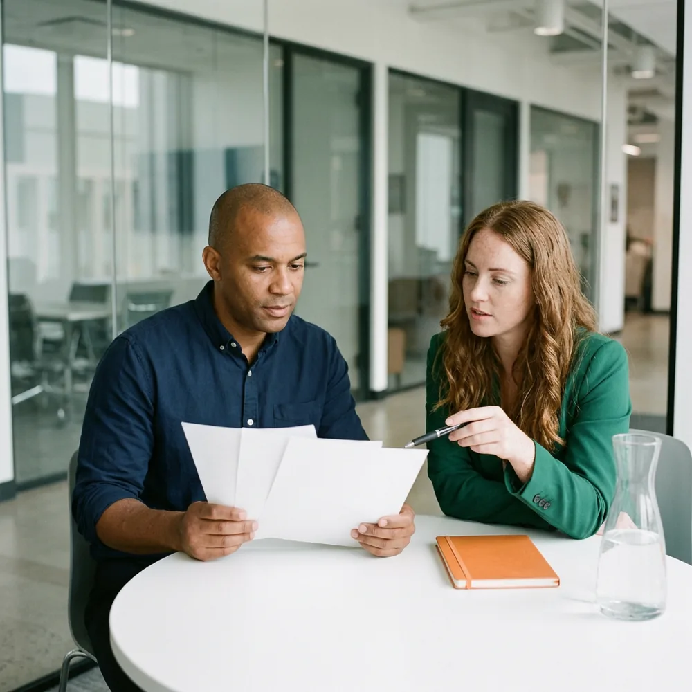 Hiring manager in a navy shirt fans three blank candidate profile pages while a recruiter in an emerald blazer points at the middle page across a round white table