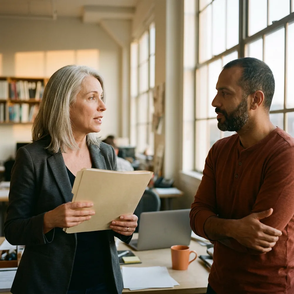 Department head in a charcoal blazer holds a closed manila folder by a window while a long-term contractor in a rust henley listens with his arms loosely folded