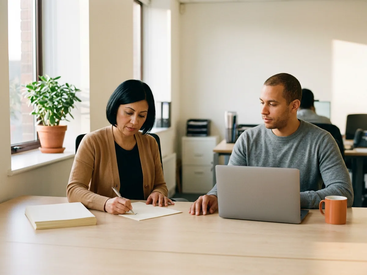 Operations manager in a camel cardigan ticks a blank weekly hours sheet at a pale wood desk while a contract analyst in a grey sweater waits across from her with a closed laptop and an orange mug