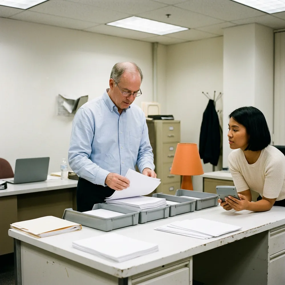 Payroll coordinator in a pale blue shirt sorts identical blank sheets into grey desk trays while a colleague in a cream top holds a calculator