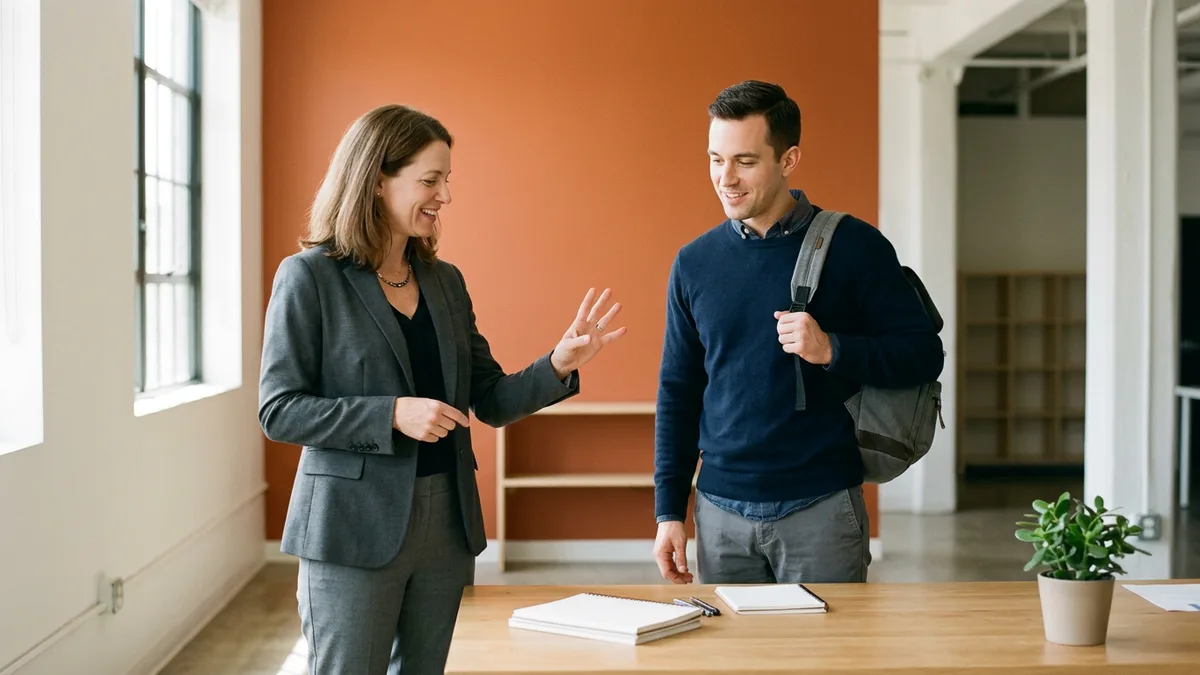 Woman in a charcoal blazer gesturing toward a prepared desk while a smiling man in a navy sweater with a gray backpack looks on in a bright office
