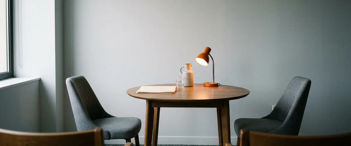 Empty interview room with a round wooden table, two gray chairs, a blank folder and an orange desk lamp