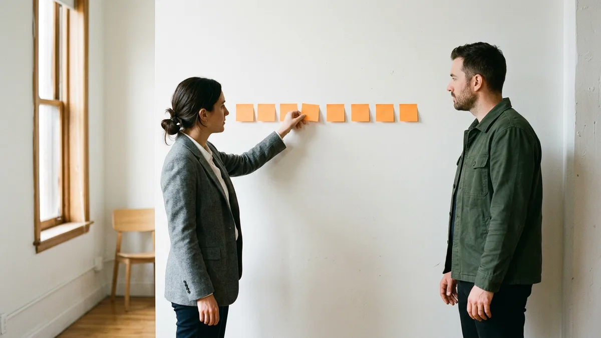 Two colleagues placing blank orange sticky notes in a row on a white wall while planning a contract hiring surge