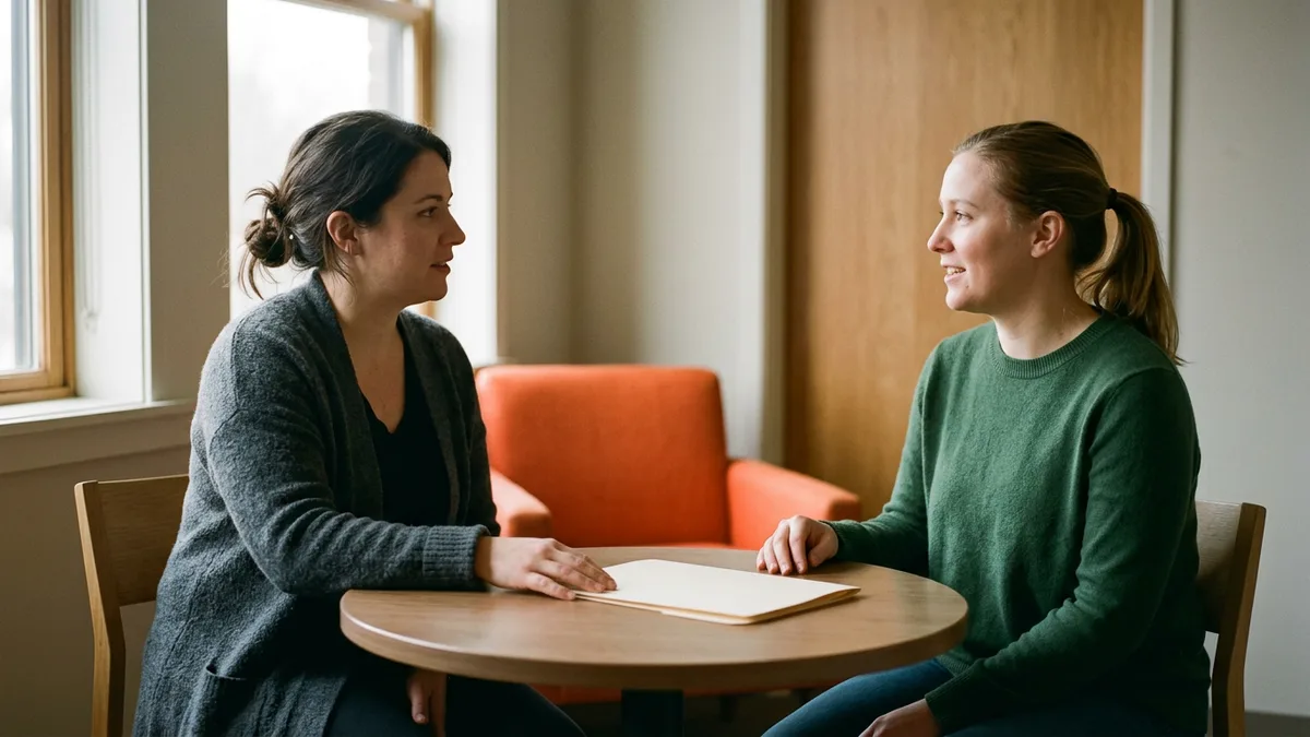 HR generalist in a charcoal cardigan talking with an employee across a small round table with a closed folder between them