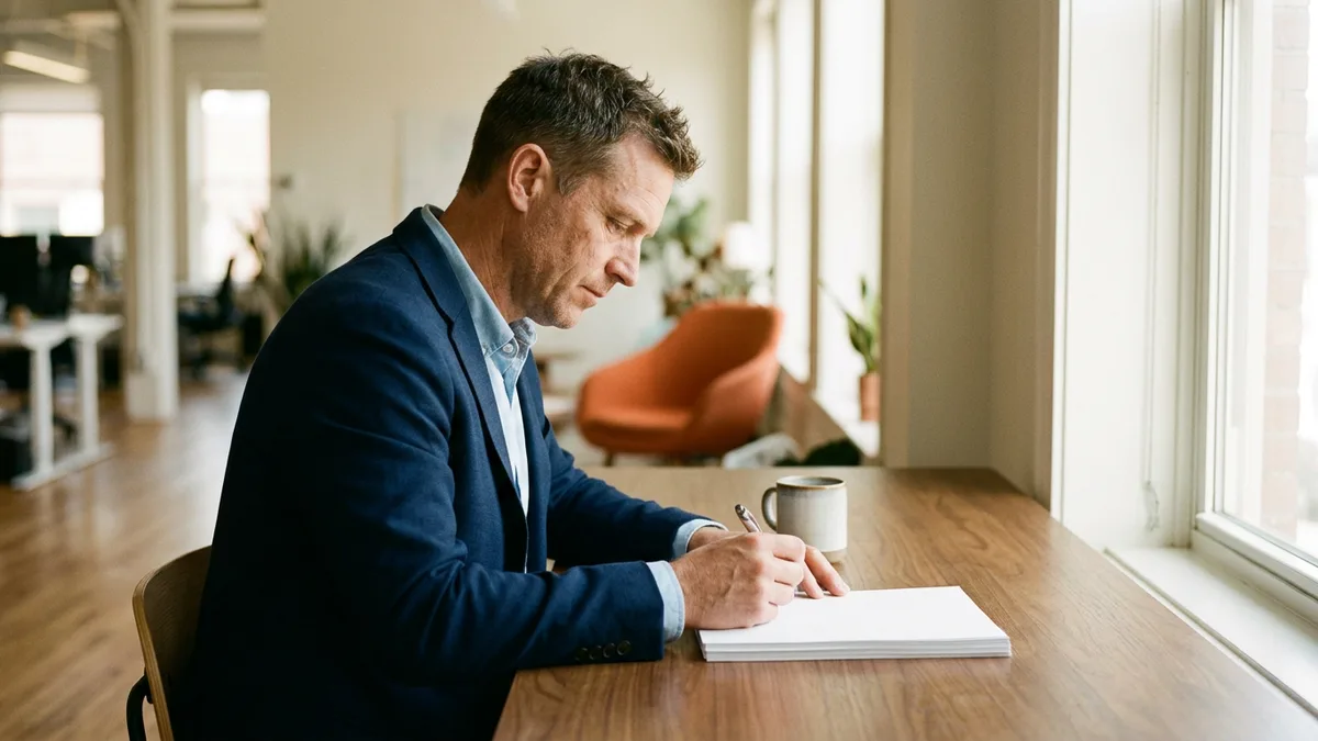 Contract recruiter in a navy blazer reviewing a stack of blank pages at a wooden desk beside an orange chair