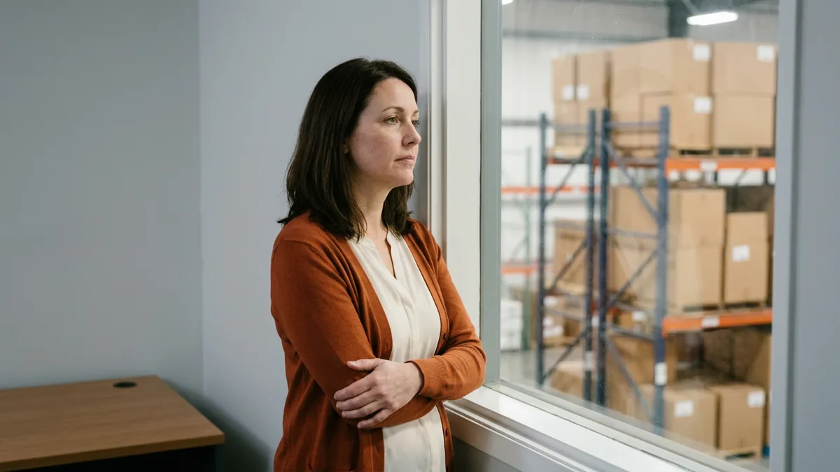 Controller in an orange cardigan standing at an office window looking out over warehouse racking stacked with cartons